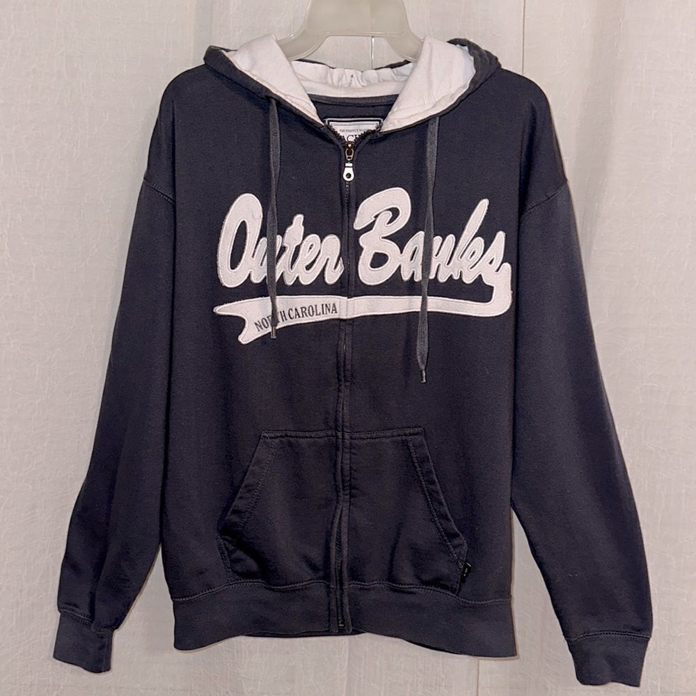 Pacific & Co. M Indigo White “Outer Banks NC” Cotton Blend Full Zip Hoodie